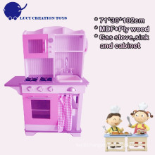 Wooden Purple Pink Mother Garden Kitchen Toy Set with Sink and Cabinet